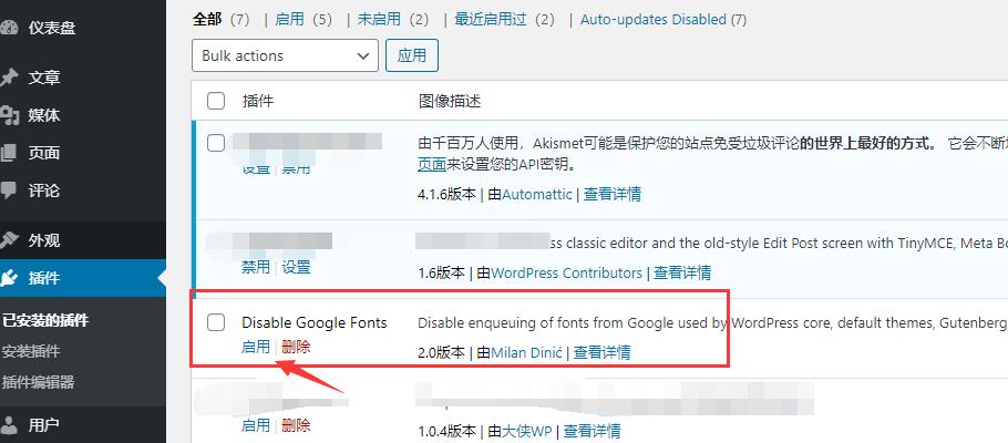 启用Disable Google Fonts插件